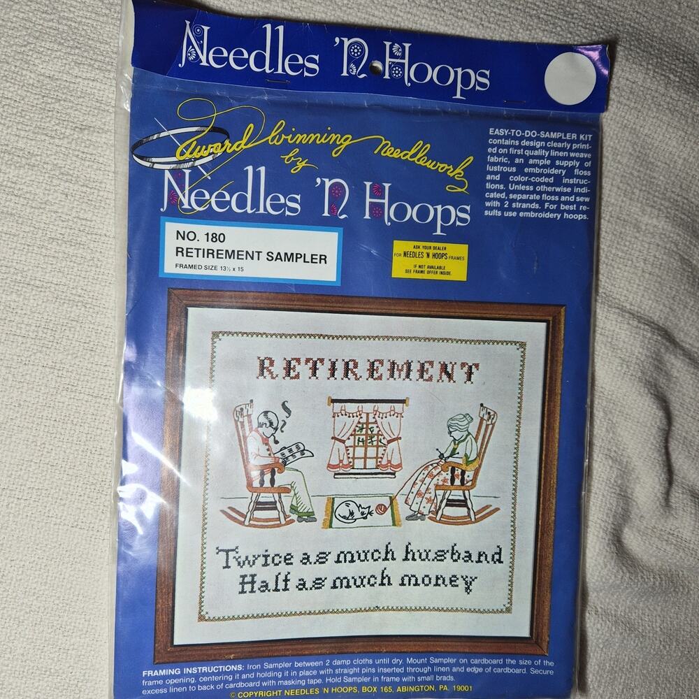 Retirement Sampler Cross Stitch Kit 180 Needles ‘N Hoops 13 1/2” X 15” New - Picture 1 of 5